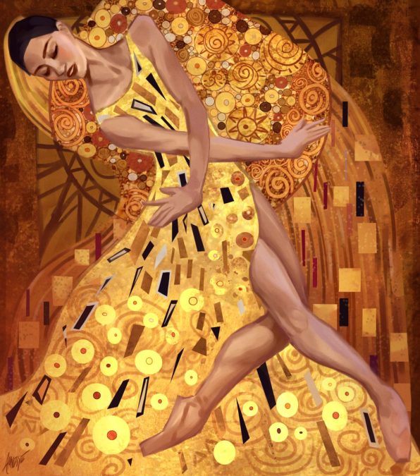 woman in gold dancing